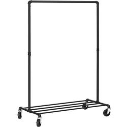 Garderobenständer, Schwerlast Metall Kleiderständer auf Rollen, 1 Kleiderstange, 1 Ablage, bis 90 kg belastbar, im Industriedesign, Schwarz