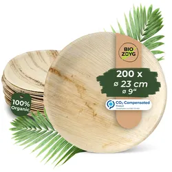 BIOZOYG 200 Stück Einwegteller Ø 23cm Palmblatt-Teller, rund, biologisch abbaubar, umweltfreundlich, kompostierbar, wiederverwertbar, Wegwerfteller