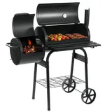 LEHMANN Smoker Grill & Holzkohlegrill 2-in-1 - 2-Kammern, Deckel, integriertem Thermometer und hitzebeständigem Griff, Schwarz - Schwarz