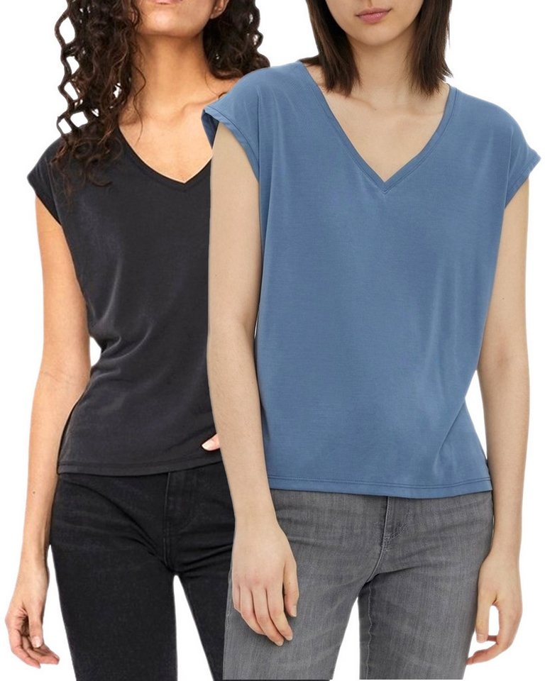 Vero Moda T-Shirt (2er-Pack) Basic Shirt mit V-Ausschnitt im Doppelpack blau XS