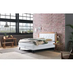Boxspringbett HASENA "Oakland", weiß (weiß, metall used), B:164cm L:206cm, Komplettbetten, Boxspringbett, Boxspringbett, Industrial Look, Kopfteil aus Wildeiche, Used-Look