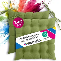 wometo 2er Set Sitzkissen Stuhlkissen 40x40 OEKO-TEX  - grün grasgrün Sitzauflage Bank Polster Sitzpolster mit Bändern / Schleife, Indoor / Outdoor