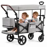 Sekey Bollerwagen Faltbar mit Dach, Kinder Bollerwagen mit XXL-Rädern (24/20 cm), Komfort für 1–2 Kinder – Federung, Kugellager & Zieh-/Schiebgriff grau