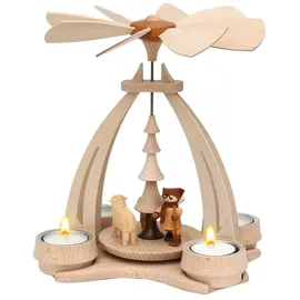 Dekohelden24 Weihnachtspyramide Pyramide aus Buchenholz mit Schafe und Schäfer, für 4 Teelichte geeignet, L/B/H ca. 18 x 14 x 24 cm
