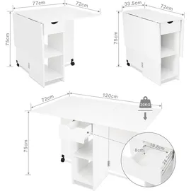 Mondeer Esstisch Klappbarer Küchentisch mit 1 Schublade und zwei Lagerregalkonsolen Esszimmertisch Kaffeetisch mit verstellbaren Füße - Weiß