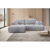 thematys Ecksofa mit Schlaffunktion und Bettkasten, L-Form, Cord und Bouclé + 2 Kissen, 260 x 165cm - Luxus Couch mit Bettfunktion mit Bonnellfedern grau