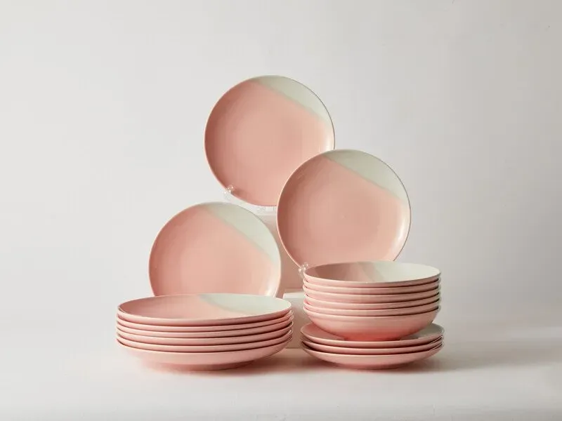 JIWOO Nicole Geschirrset, 18-teilig, Rosa+Grau, (6 Stück 20 cm Salatteller + 6 Stück 20 cm Essteller + 6 Stück 25 cm Essteller) Spülmaschinen- und mikrowellengeeignet