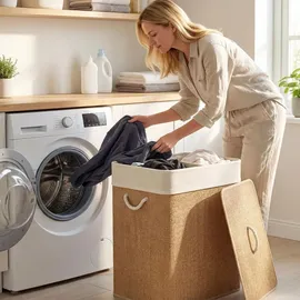 Homcom Bambus Wäschekorb mit Deckel 100 L Wäschesammler mit Seilgriffen, herausnehmbarer Wäschesack, Laundry Baskets Wäschesortierer für Waschküche Schlafzimmer Badezimmer Braun