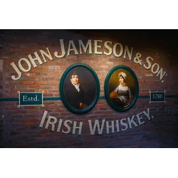 Fototapete PAPERMOON "ZIEGEL-WAND-JAMESON IRISH WHISKEY DUBLIN MUSEUM IRLAND", bunt, B:3,00m L:2,23m, Vlies, Tapeten