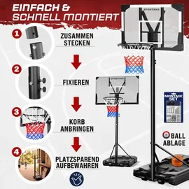 Sportana® Basketballkorb Outdoor höhenverstellbar 135 –305 cm stabil wetterfest mit Ständer 60 kg Sockel Rollen stoßdämpfender Ring Ø45 cm Hoop Kinder Erwachsene