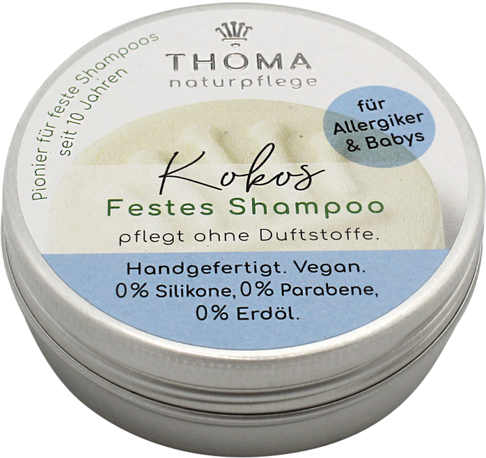 Kokos-Shampoo – vegan, THOMA Naturseifen-Manufaktur, ohne Duft für Allergiker, 55 g, handgefertigt, Aludose