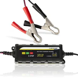 Dunlop Ladegerät Autobatterie mit LED-Anzeige - Batterieladgerät 12V - Batterie Ladegerät für Auto, Motorrad, Roller und Boot - IP65 Zertifiziert - mit Kontrollleuchten und Überbrückungskabel
