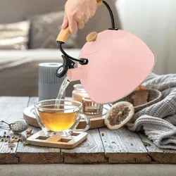 Briebe Pastel Wasserkessel Induktion Flötenkessel 2,5L Edelstahl, Retro Holzgriff, Rosa