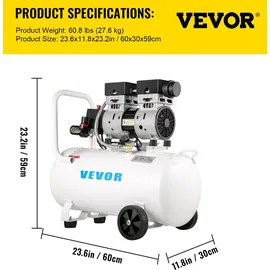 Vevor Flüsterkompressor 50 L, Leise Ölfrei Kompressor 750 W, Ölfrei Luftkompressor 68 dB, Druckluftkompressor 230 V, Silent Druckluft Kessel 170 L / min Abgasvolumen, mit Eingebautem Abluftventilator