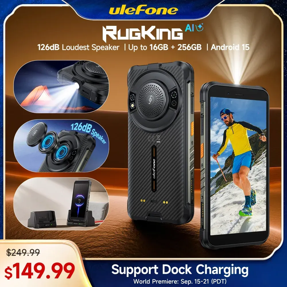 【Weltpremiere】Ulefone RugKing 4G Robustes Telefon Android 15 Bis zu 16 GB + 256 GB wasserdichtes Smartphone 9600 mAh NFC Globale Version