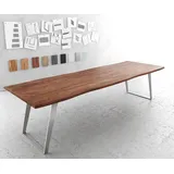 DeLife Esstisch Edge 300x100cm Akazie Braun Edelstahl Silber schräg Live-Edge, Esstische, Baumkantenmöbel, Massivholzmöbel, Massivholz