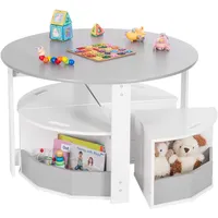 Yorbay Kindertisch mit 4 Stauraumhocker, Kindersitzgruppe, Kindermöbel Set aus Holz, Sitzgruppe für Kinder, Maltisch für Kinderzimmer, Spielzimmer, Vorschüler, Kindermöbel (Grau)