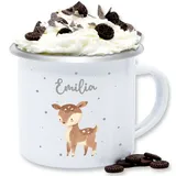 Emaille Tasse Blechtasse - Süßes Reh mit Namen personalisiert I - 300 ml - Weiß Silber - tiere rehkitz name becher tier waldtiere tassen tieren tiermotiv blechtassen