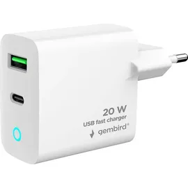 Gembird 2-Port 20W mit LED-Anzeige, Typ C - A - Weiß