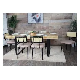 Mendler 2er-Set Esszimmerstuhl HWC-K88, Lehnstuhl Stuhl, Holz Poly-Rattan Metall Bouclé - Stoff/Textil rosa