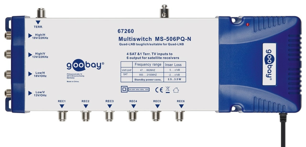 Goobay SAT-Multischalter 5 Eingänge/6 Ausgänge - Verteiler für max. 6 Teilnehmer von einem Satelliten