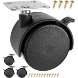 Möbelrollen Set, 4 Stück, in Schwarz, Ø 50 mm Rolle, 64 mm Gesamthöhe, 38 x 38 mm Anschraubplatte mit 360° Rotation, Lenkrollen zum Anschrauben, 30 kg Tragkraft je Doppelrolle, Laufrolle mit Bremse
