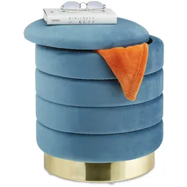 Relaxdays Samthocker mit Stauraum, rund, Hocker Samt, eleganter Polsterhocker, HxD: 43,5x39 cm, Sitzhocker, petrol/gold