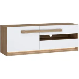 Forte Lowboard "Attention TV-Board, TV-Schrank", rivera eiche, weiß glanz, B:139,9cm H:50cm T:41,5cm, Spanplatte, Sideboards, Lowboard, TV-Board, Beleuchtung, Soft Close, Kabelführung