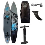 Runga-Boards Inflatable SUP-Board Runga TOA-RACE AIR GREY 12.6 Stand Up Paddling SUP iSUP, (Set 2, Trolley-Rucksack, Center-Finne, Coiled-Leash, Doppelhub-Pumpe) Set 2