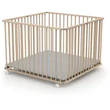 Webaby - Laufstall Baby Faltbar Holz mit Rollen und Matte 100x100 Buche roh| Laufgitter Baby Klappbar XXL | 3 Stufen Höhenverstellbar | Für Kinder bis 24 Monate