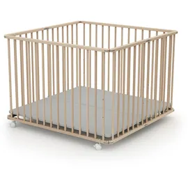 Webaby - Laufstall Baby Faltbar Holz mit Rollen und Matte 100x100 Buche roh| Laufgitter Baby Klappbar XXL | 3 Stufen Höhenverstellbar | Für Kinder bis 24 Monate