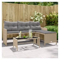 vidaXL Gartensofa in L-Form mit Tisch und Kissen Beige Poly Rattan