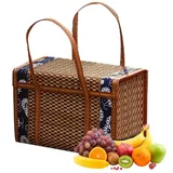 Exogio Weiden-Picknickkorb Mit Deckel, Gewebekorb, Geschenkkorb Natur Wicker Camping Picknickkorb Präsentkorb, Gefalteter Obsteinkauf, Aufbewahrungskorb aus Rattan-Gras, Faltbarer Bambuskorb