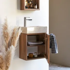 Tikamoon Hängendes Handwaschbecken Stelle aus Nussbaum und cremefarbenem Marmor