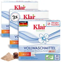Klar Vollwaschmittel Pulver Sensitive 3x1,1kg - 60 Ladungen - Allergiker Waschpulver ohne Duft - Bio Waschmittel Pulver mit natürlichem Waschnuss Extrakt - VEGAN & Enzymfrei