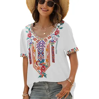 drakloak Boho Stickerei Bluse Hippie Kleidung Damen Bohemian Folklore Stickerei Bluse Kurzarm V Ausschnitt Tunika Sommer LäSsige Oberteil(443 WT S) - S