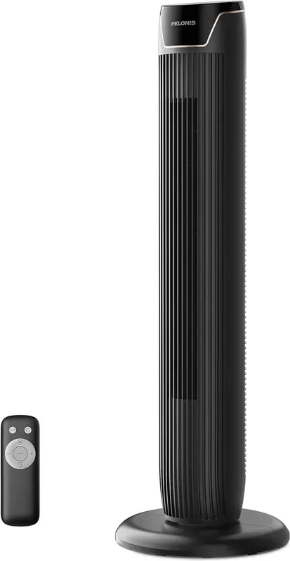 PELONIS 75° Oszillierender Turmventilator mit Fernbedienung, 6 m Fernwirkung, 5 Geschwindigkeitsstufen & 4 Modi (Auto/Normal/Natürlich/Schlaf), 15-Stunden-Timer, 39 dB leise Kühlung für Schlafzimmer/Zuhause/Büro, betrieben von Midea