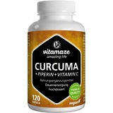 Kurkuma Kapseln hochdosiert & vegan, Piperin + Curcumin + Vitamin C, 120 Kapseln Curcuma Pulver für 6 Wochen, Natürliches Nahrungsergänzungsmittel ohne Zusatzstoffe, Made in Germany