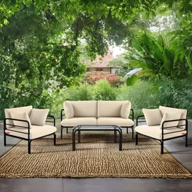 Konsimo Gartenmöbelset RAMBE 4-tlg. 1x Tisch 2x Sessel 1x Sofa 2-Sitzer, mit Kissen, LOFT-STIL, Anthrazit/Cremeweiß - Creme