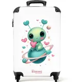 NoBoringSuitcases.com© Kinderkoffer Alien hält ein Herz auf einem Planeten 55x35x20cm, 4 Rollen, Kinder Koffer Klein, Trolley Handgepäck, Reisekoffer bunt 35 cm x 55 cm x 20 cm