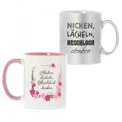 Keramiktasse "Nicken, lächeln, ARSCHLOCH denken"