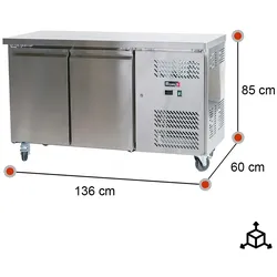 Romux® Kühltisch mit 2 Türen 136x60 cm mit Luftkühlung | Theken Kühlschrank aus Edelstahl mit Kapazität 228 L und Leistung 750 W
