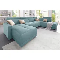 Wohnlandschaft DOMO COLLECTION "Ava moderne Sitzheftung mit toller Doppelnaht, komfortabel, U-Form", blau (aqua), B:351cm H:84cm T:222cm, Zierkissen: Microfaser PRIMABELLE (100% Polyester);Struktur (100% Polyester);Microfaser PRIMABELLE (100% Polyester);Kunstleder SOFTLUX;Struktur fein (100% Polyester), Sofas, Wohnlandschaft, mit Federkern, wahlweise mit Kopfteilverstellungen