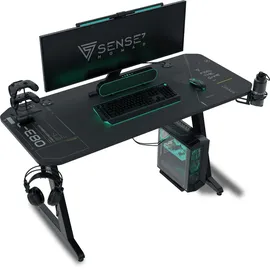 SENSE7 Nomad Cybernetic Gaming Tisch 140x60, PC Tisch mit Kopfhörerhaken, Getränkehalter, Controller Halter, Gaming Computertisch mit Kohlefaseroberfläche, Ergonomischer Gaming Desk