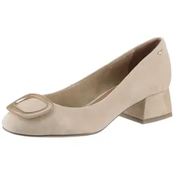 Pumps TAMARIS, Damen, Gr. 41, braun (hellbraun), Ziegenveloursleder, modisch, Schuhe, Blockabsatz, Businessschuh, Schlupfschuh mit hübschen Schmuckelement