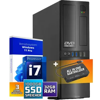 Schneller PC mit Intel Core i7 - Desktop Computer + Silent Rechner für Büro & Home Office mit 8-Thread 3.90 GHz - 32GB RAM - 1024GB SSD - USB3.0 - WLAN BT - inkl Windows 11 Pro mit Card Reader 5-in-1