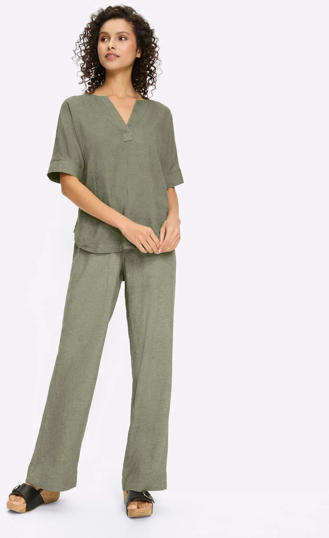 Hosenanzug HEINE, Damen, Gr. 36, Normalgrößen, khaki, 55% Leinen, 45% Viskose, Anzüge Hosenanzug