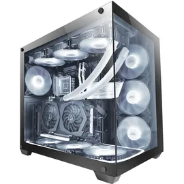 Mars Gaming MCV4 Schwarz, Custom XXL E-ATX Gaming Tower, Rahmenloses Front und Seitenfenster Gehärtetem Glas, Modularer Doppelkammerrahmen