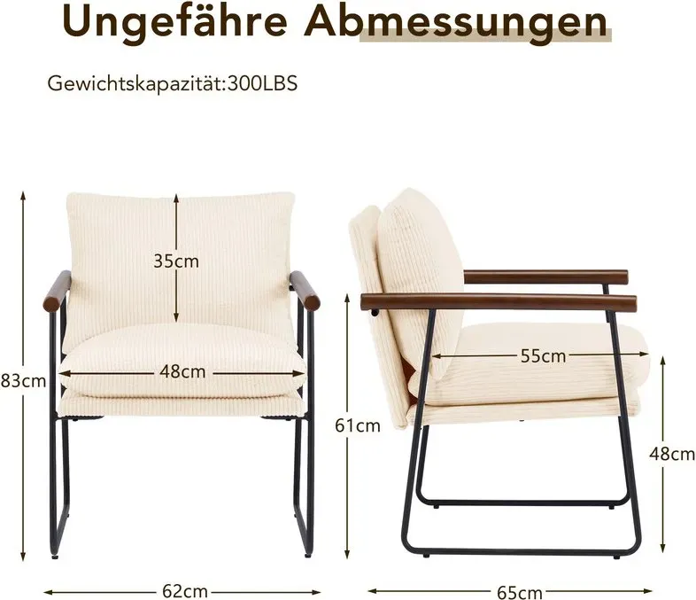 Ckaff Extra Großer Ohrensessel Wohnzimmerstuhl 65x62x83cm, Sessel?Lounge-Sessel?Liegestuhl mit Metallrahmen und Polsterung, Bouclé-gepolsterter Sessel für Wohnzimmer Schlafzimmer, Cord, Beige, 1 Stück