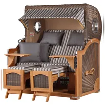 Mr. Deko bene,iving Strandkorb Komplettset Ammersee Grande XL Teak Bullauge PE grau Modell 545 inkl. Liftersystem Schutzhülle Doppelrollen Glasbecherhalter
